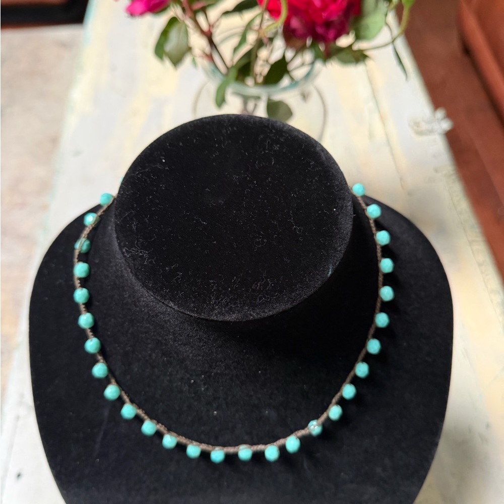 Turquoise Bead Choker Necklace - Delicate Blue Bead Strand